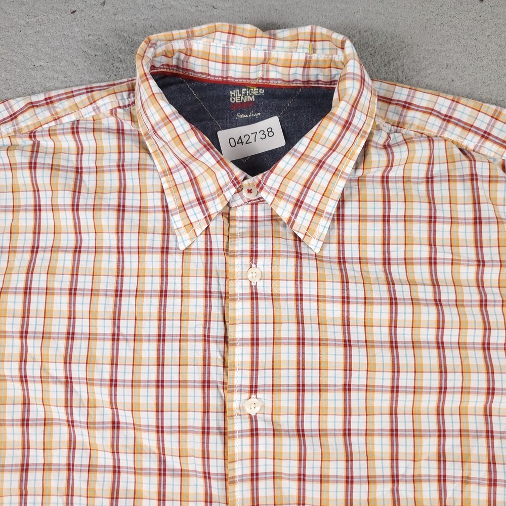 Tommy Hilfiger Shirt Mens Small Orange Red Plaid Casual Button Up Short Sleeve